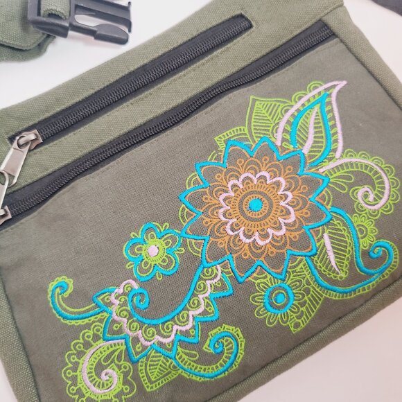 Olive Green Embroidered Fanny Pack - Boho Floral Design - Picture 4 of 11
